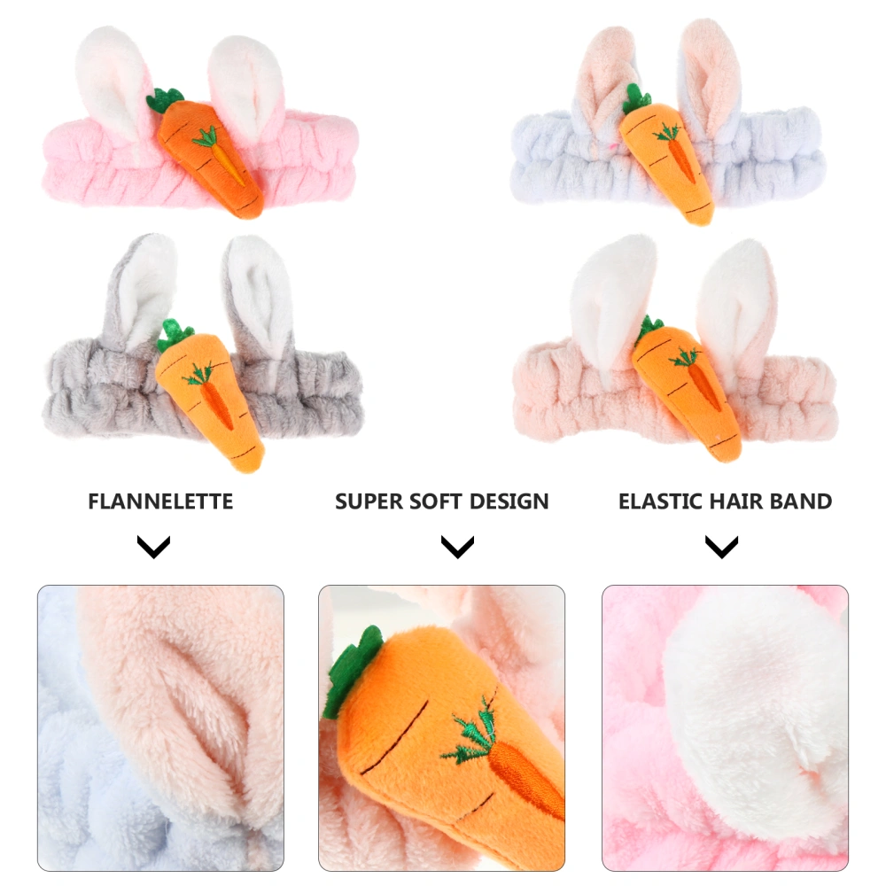 4Pcs Bunny Ear Headbands Lovely Elastic Coral Fleece Headwrap for Washing Face