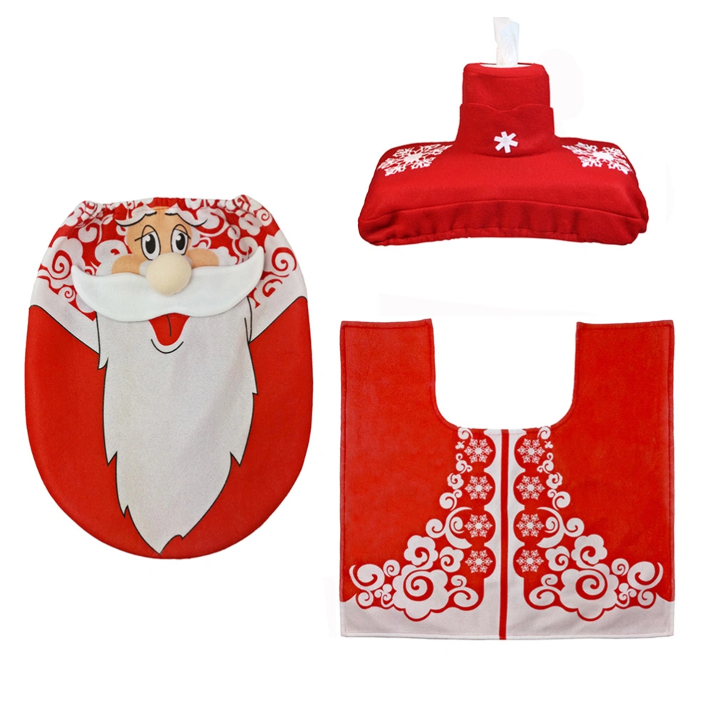 Three Pieces Christmas Themed Bathroom Mat Set Non-slip Bath Bathtub Rug Carpet Toilet Seat Lid Cover with Tissue Box Cover (Santa Claus Pattern)