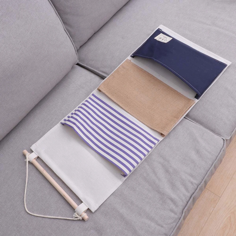 3-Pockets Wall Hanging Bag Cotton Linen Door Closet Stripe Pattern Storage Organizer with Wooden Stick for Room Wardrobe (Blue)