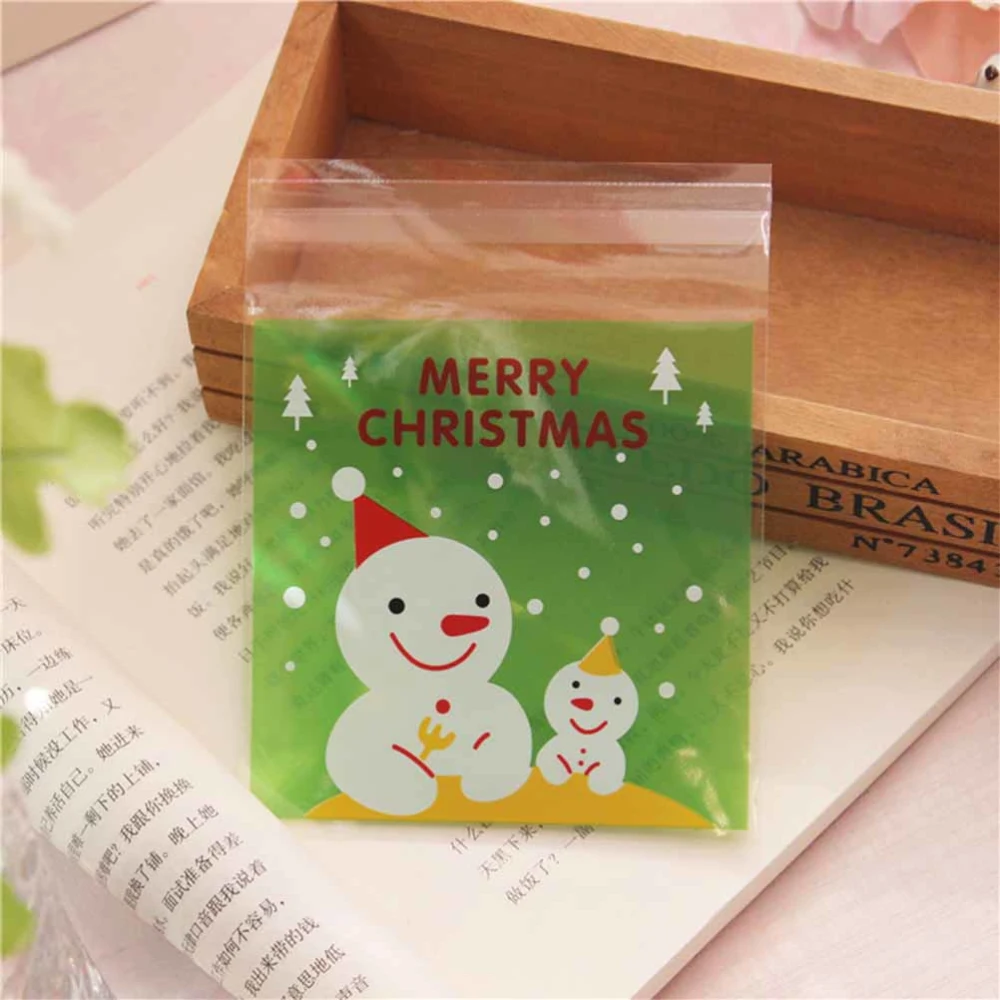 200pcs/Package Christmas Packing Bag Self-Adhesive Cookies Candy Storage Bag for Party Home Store (Blue, Dot Double Snowman, 10*10cm)