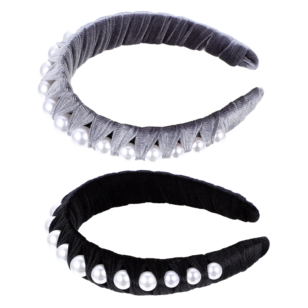 2 Pcs Fashionable Pearl Headband Wide No Hair Women Hairband