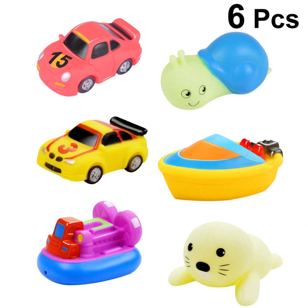 6PCS Squirting Bath Toys Cartoon Boats Animal Squeeze Water Spray Swimming Pool Bathtub Beach Toy (Sea Lion, Air-cushion Craft, Yellow Car, Red Car, Snail, Boat)