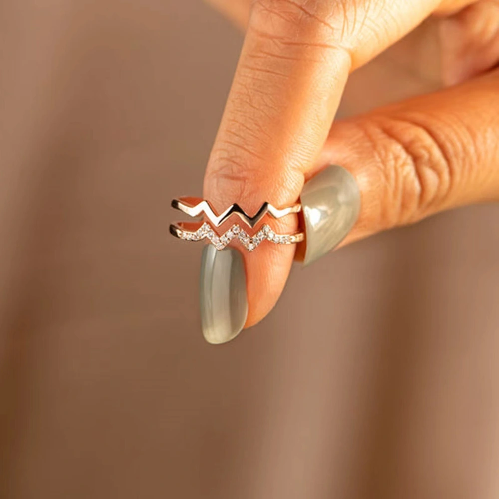 Double-layer Diamond-embedded Heart Wave Line Ring Women's Simple All-match