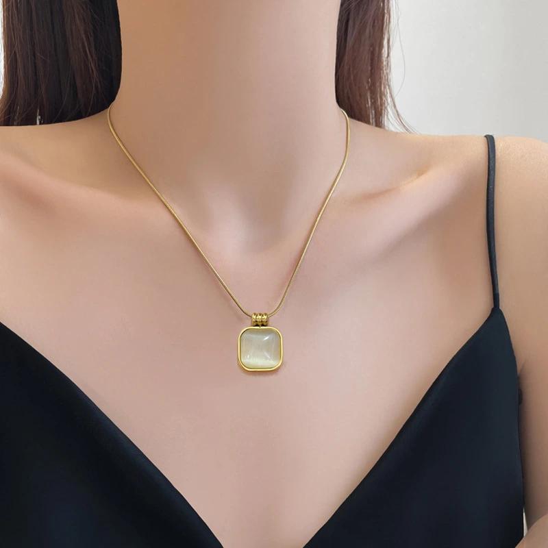 Square Opal Minimalist Furnace Real Gold Necklace