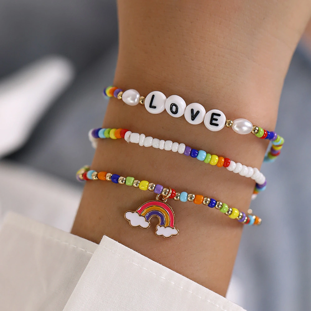 Bohemian Bead Letter LOVE Rainbow Pendant Three-piece Bracelet