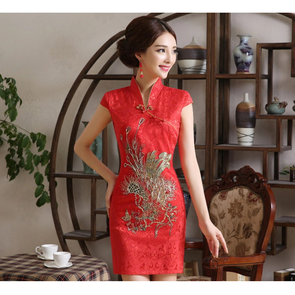 Traditional Chinese Women Wedding Cheongsam Slim Short Sleeve Qipao Size M (Red)