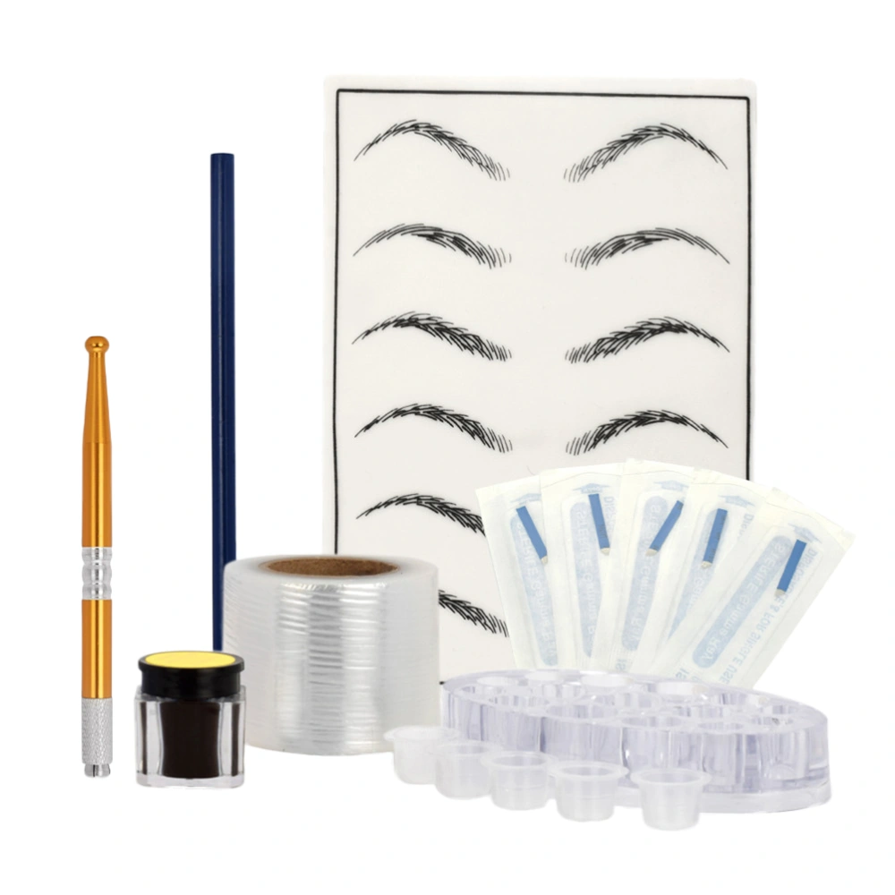 Microblading Pen Kit Round Head Pen Oval Pigment Rack 42MM Plastic Wrap Ink Cup Eyebrow Practice Skin Eyebrow Blades Pencil and Coffee Pigment (Rose Gold Manual Pen)