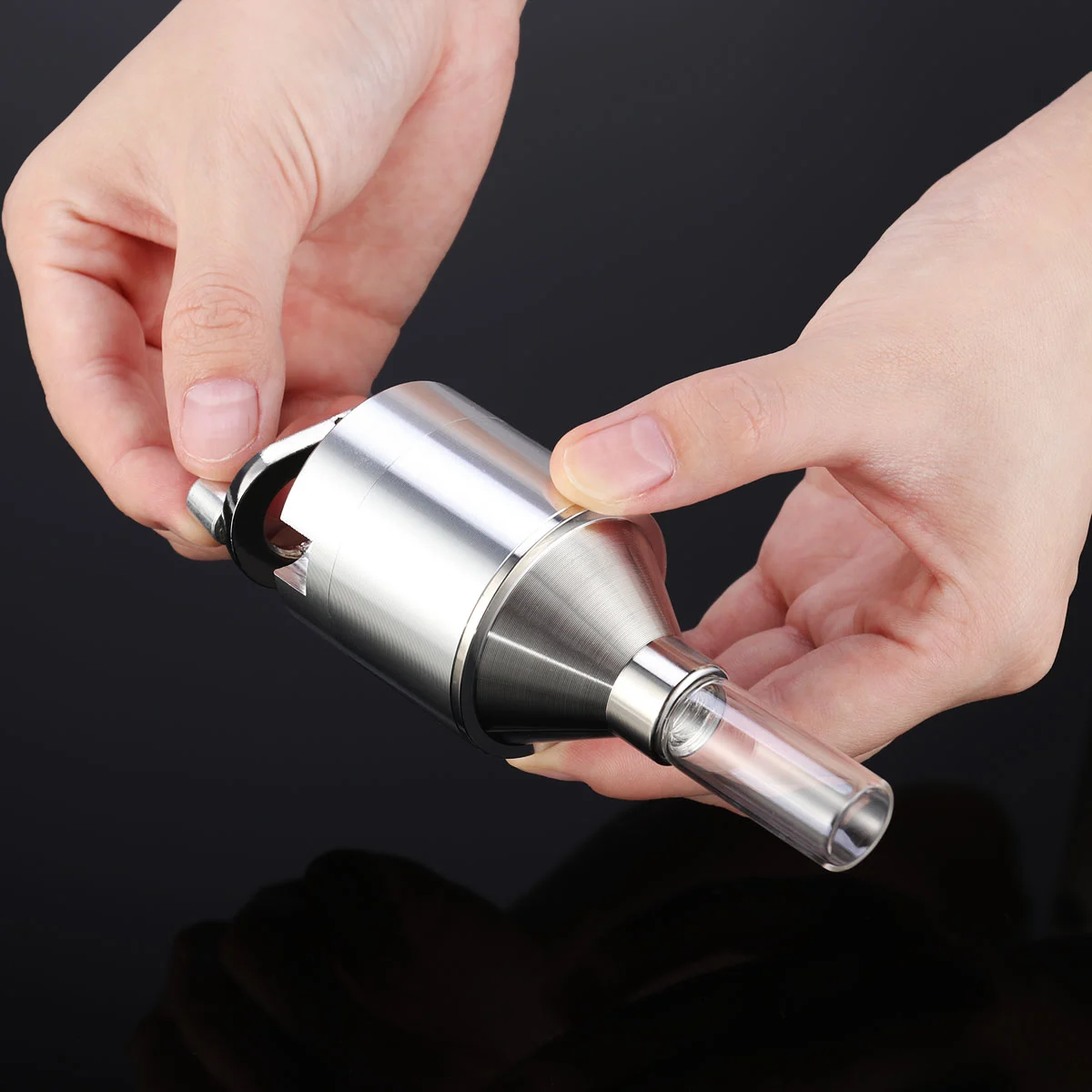 OUNONA Metal Powder Grinder Hand Mill Funnel with Snuff Glass Bottle 4.4x10.7CM