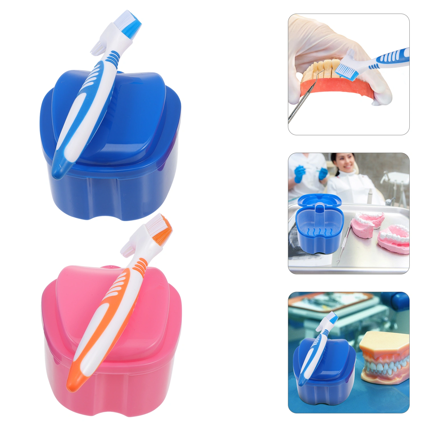 1 Set of Plastic Denture Storage Box Portable False Tooth Box Brush Kit