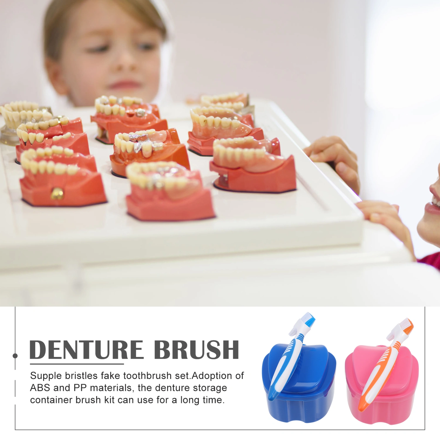 1 Set of Plastic Denture Storage Box Portable False Tooth Box Brush Kit
