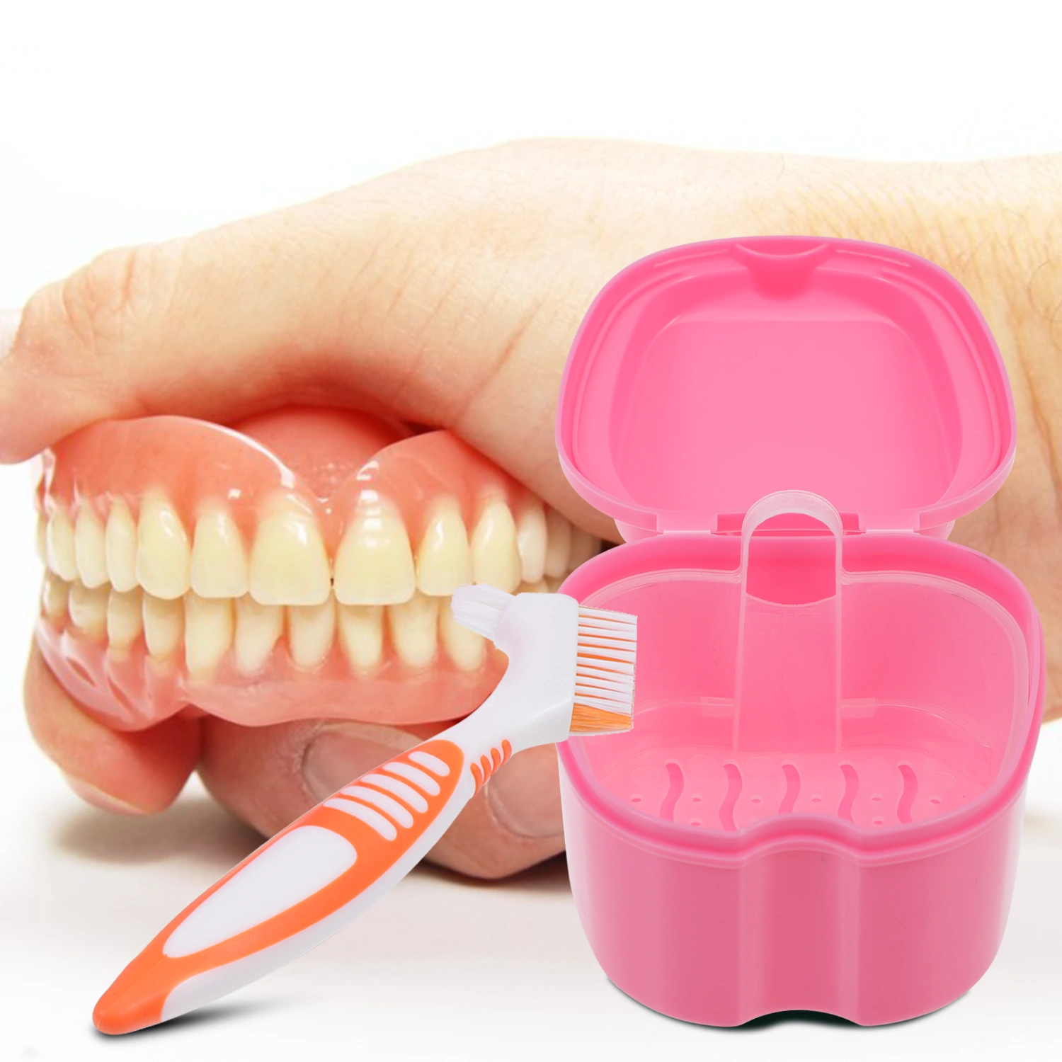 1 Set of Plastic Denture Storage Box Portable False Tooth Box Brush Kit