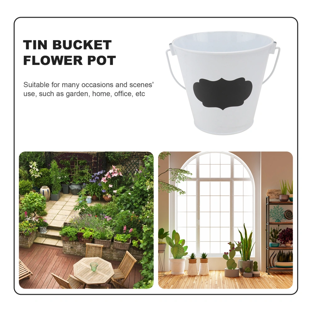 1Pc Iron Art Flower Pot with Blackboard Design Flower Bucket Iron Bucket (White)