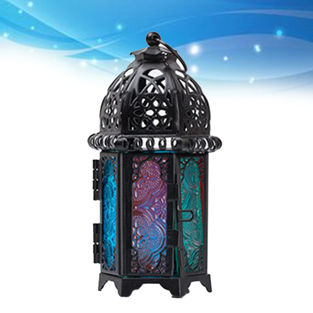 Moroccan Style Candle Lantern Vintage Candle Holder for Events, Parties and Weddings(Black Frame and Colorful Sides)