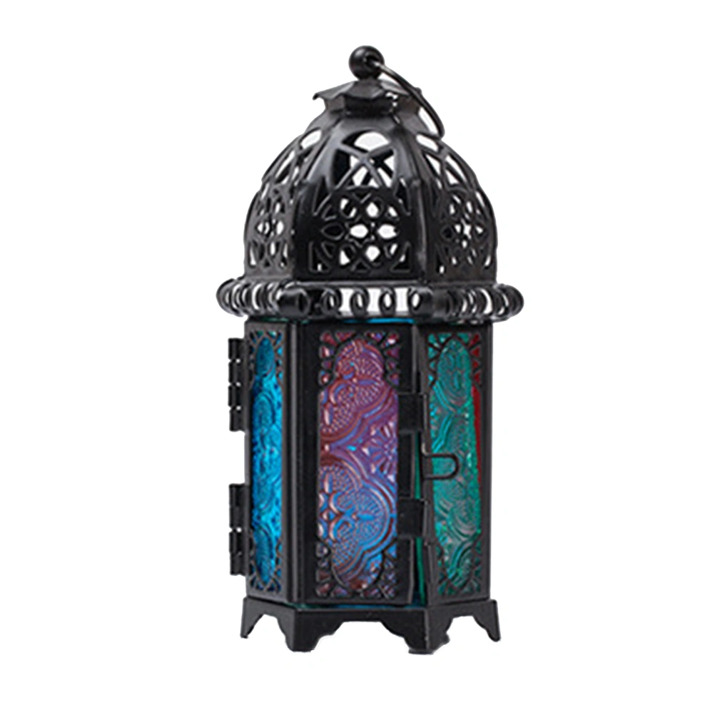Moroccan Style Candle Lantern Vintage Candle Holder for Events, Parties and Weddings(Black Frame and Colorful Sides)