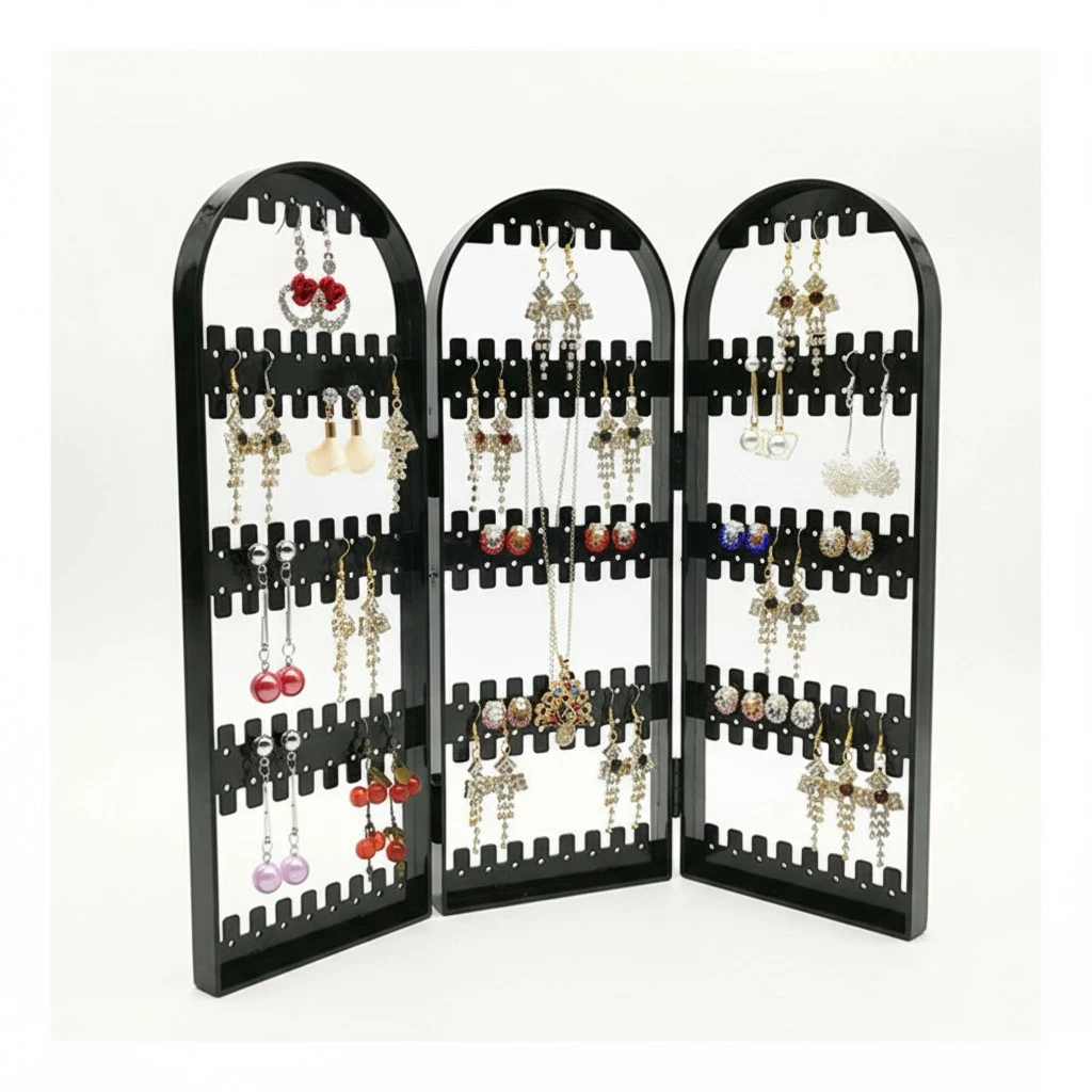 Earring Holder Folding Plastic Stand Ear Stud Display Screen for Earring Jewelry (Three Parts Black)