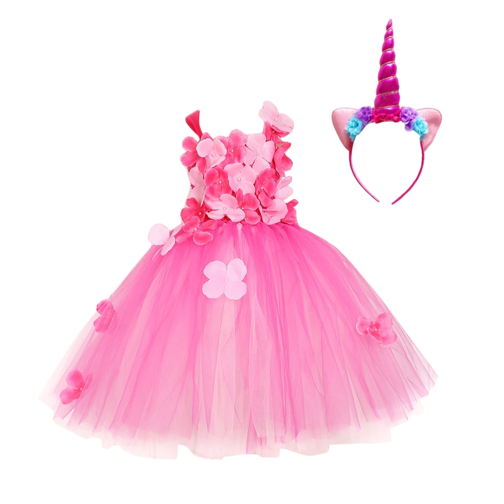 Baby Girls Petal Dress and Rosy Unicorn Headgear Set Summer Birthday Sleeveless Tulle Set Girl for 2Y (Pink)