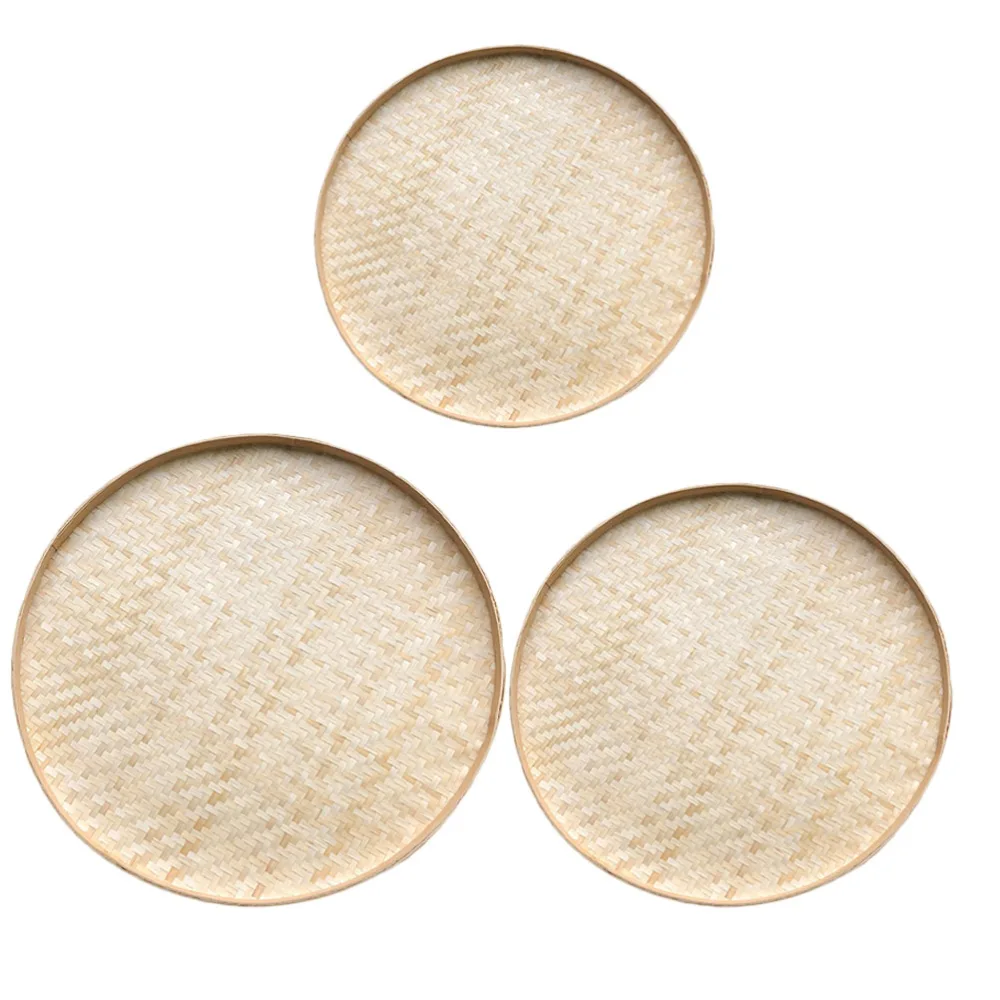 3 Pcs Woven Bamboo Round Dustpans for Painting Decorations And Items Storage (Bamboo Color)