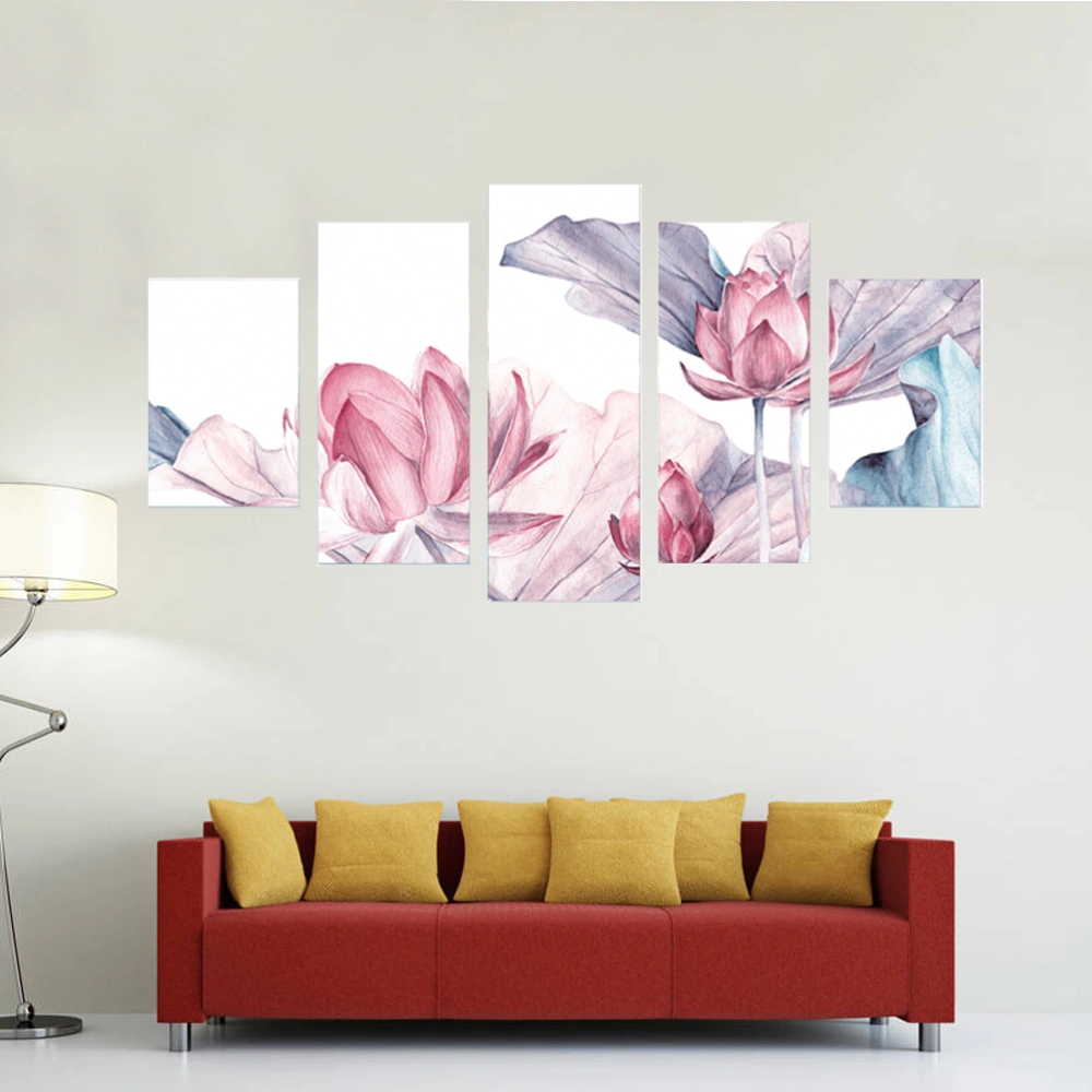 5 Panels Combination Oil Painting Lotus Wall Hanging Picture Frameless Stick Picture Kit for Home Living Room Decor