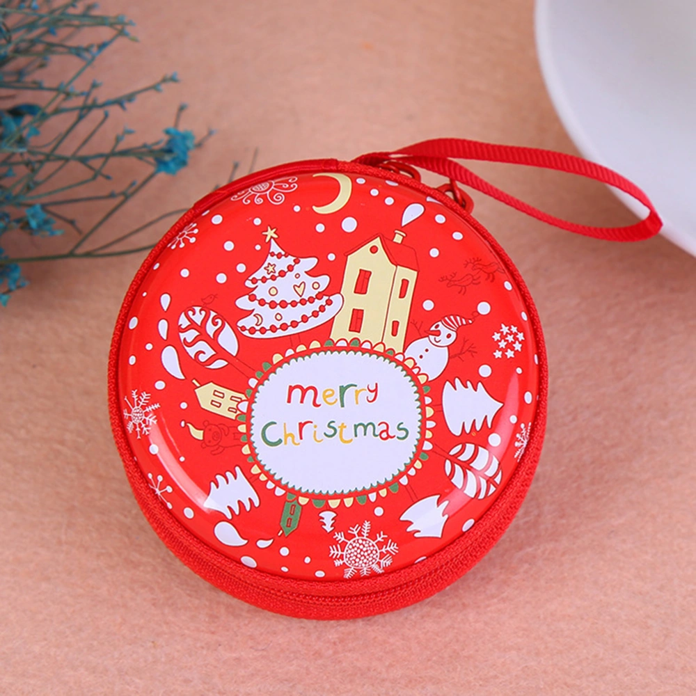 5pcs Christmas Themed Pattern Change Purses Round Portable Coin Box Tinplate Gift Candy Boxes Earphone USB Cable Storage Bag (Random Pattern)