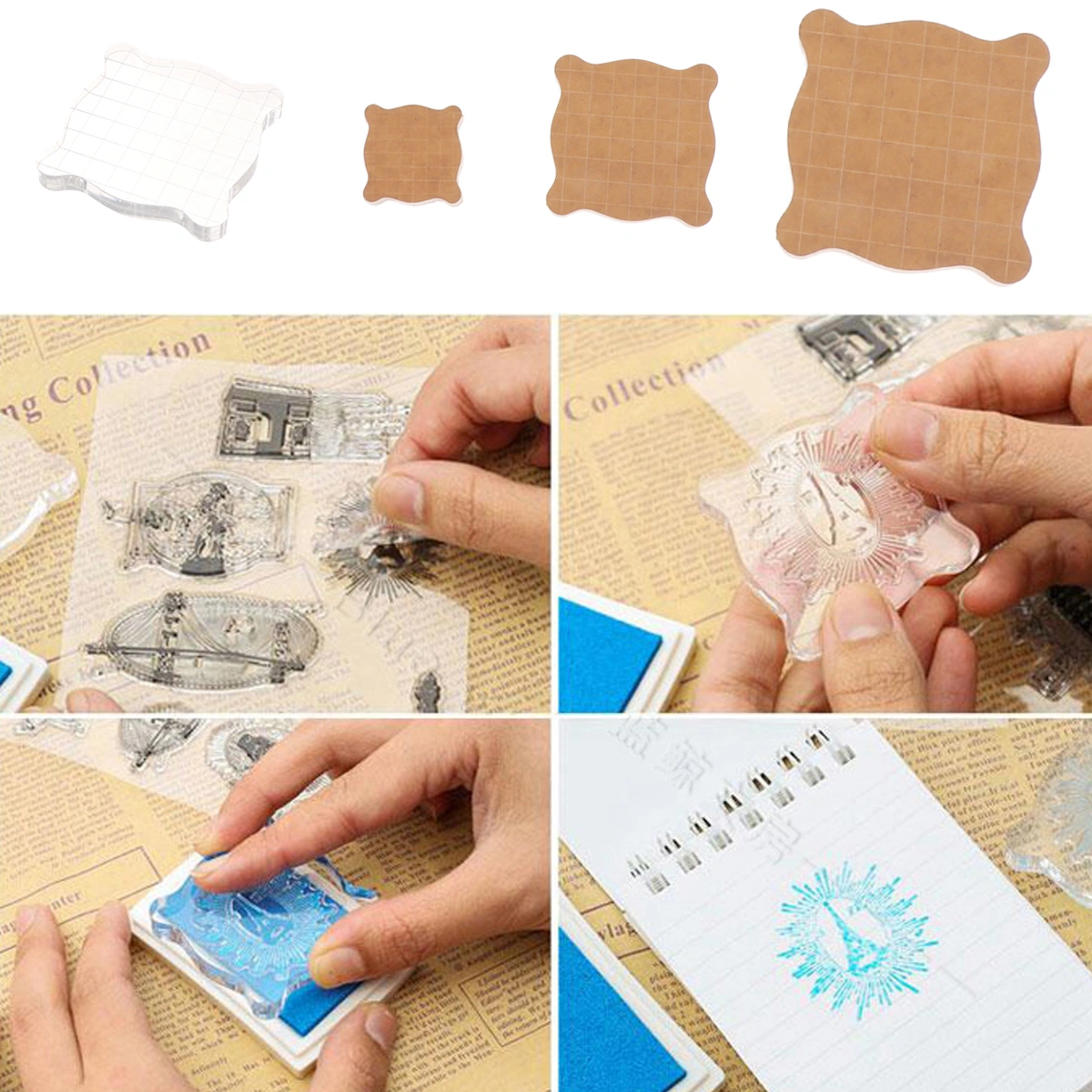 4pcs Acrylic Stamp Blcok Transparent Pad DIY Stamp Plate Plastic Pad Transparent Seal Accessories - 2.5cm + 5cm + 7.5cm + 10cm