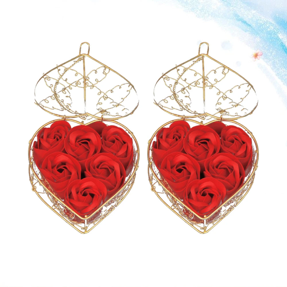 2 Sets Simulation Rose Flower Soap Rose Bouquet Ornament Flower Adornment Valentine's Day Gift for Women Ladies with Iron Basket (Red)