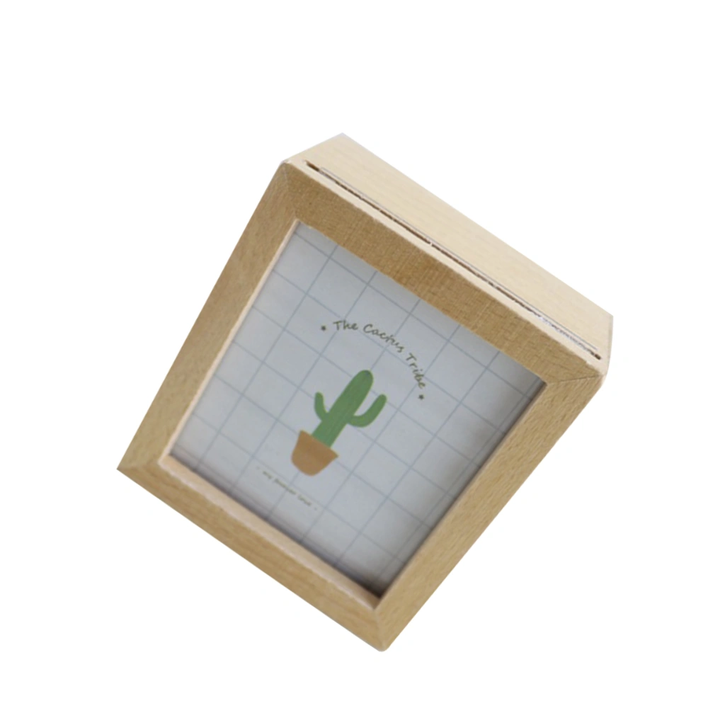 Creative Beech Music Box Happy Cactus Photo Frame Music Box Household DIY Wooden Craft Desktop Ornament for Home Party (Random Pattern)