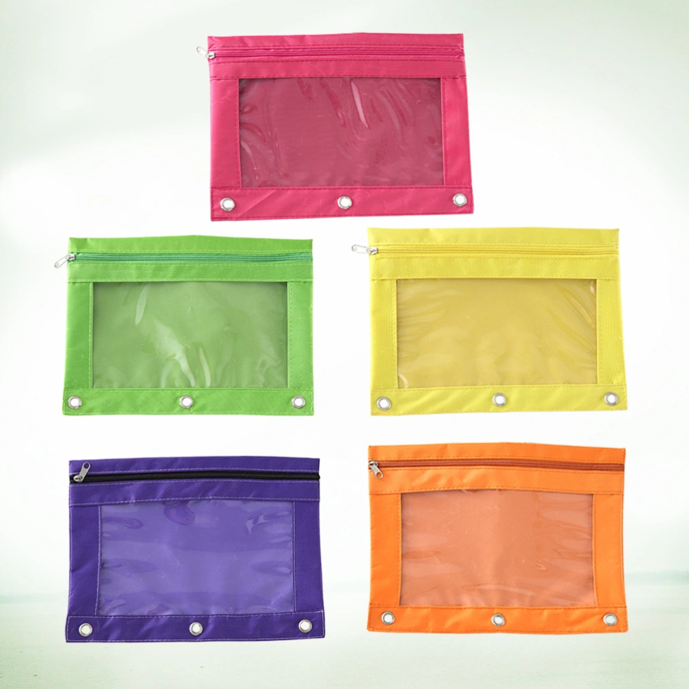 5Pcs Creative Transparent Zipper Pencil Case Three Hole Large Capacity Pencil Bag Oxford Pencil Bag(Yellow, Purple, Orange, Rosy and Green)