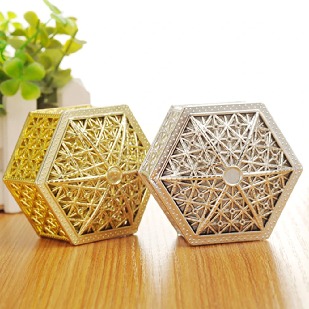 12pcs European Style Hexagon Shaped Candy Box Hollow-carved Design Plastic Sugar Container Holder Wedding Party Supplies (Golden + Silver)