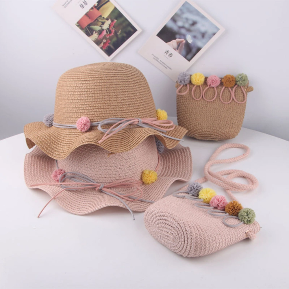 2pcs Kids Casual Outdoor Strawhat and Bag Wave Wide-brim Beach Hat Round Sun Hats for Girls (Hat+Bag, Pink)