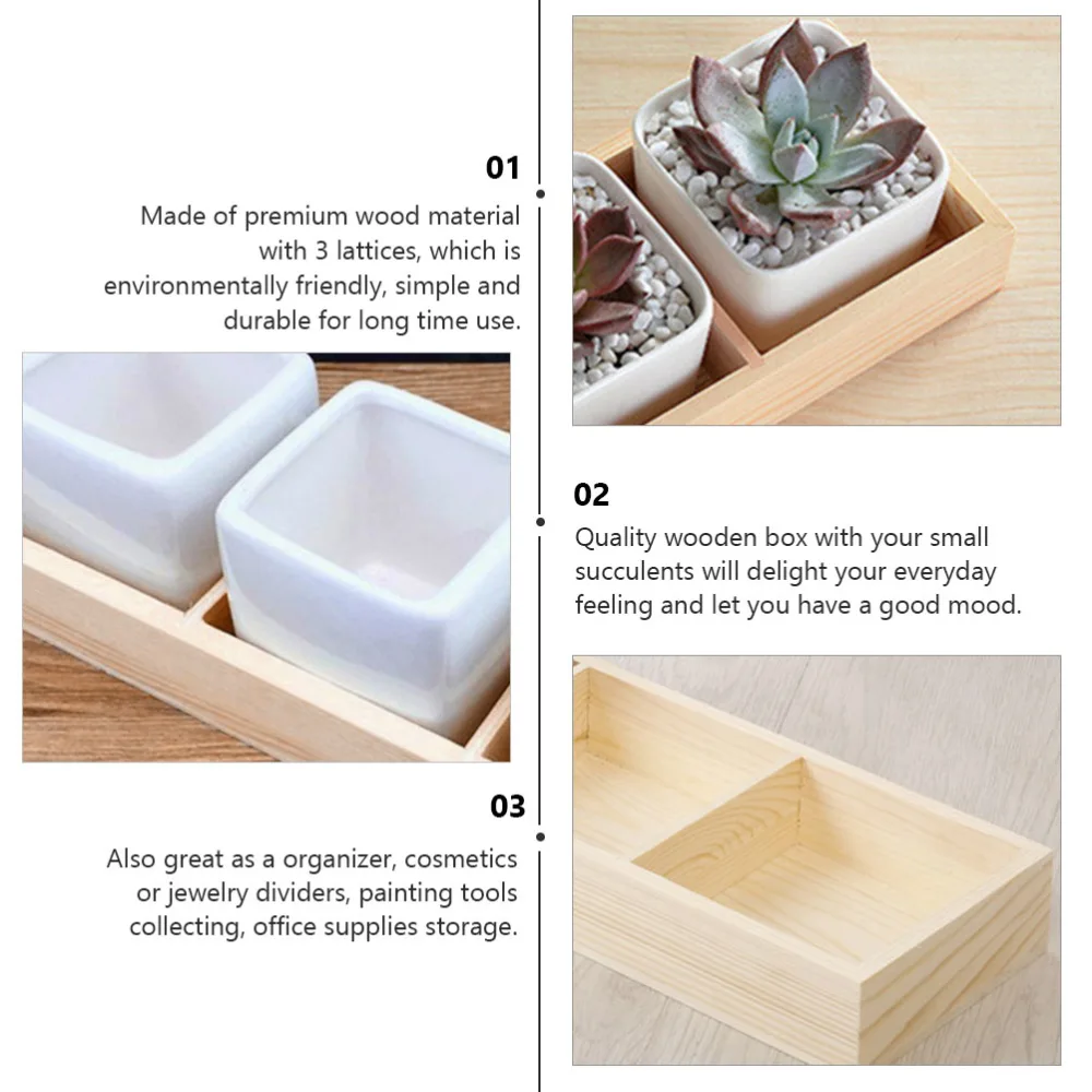 2pcs Three Lattice Wooden Storage Box Storage Tray Organizer for Succulent Plants