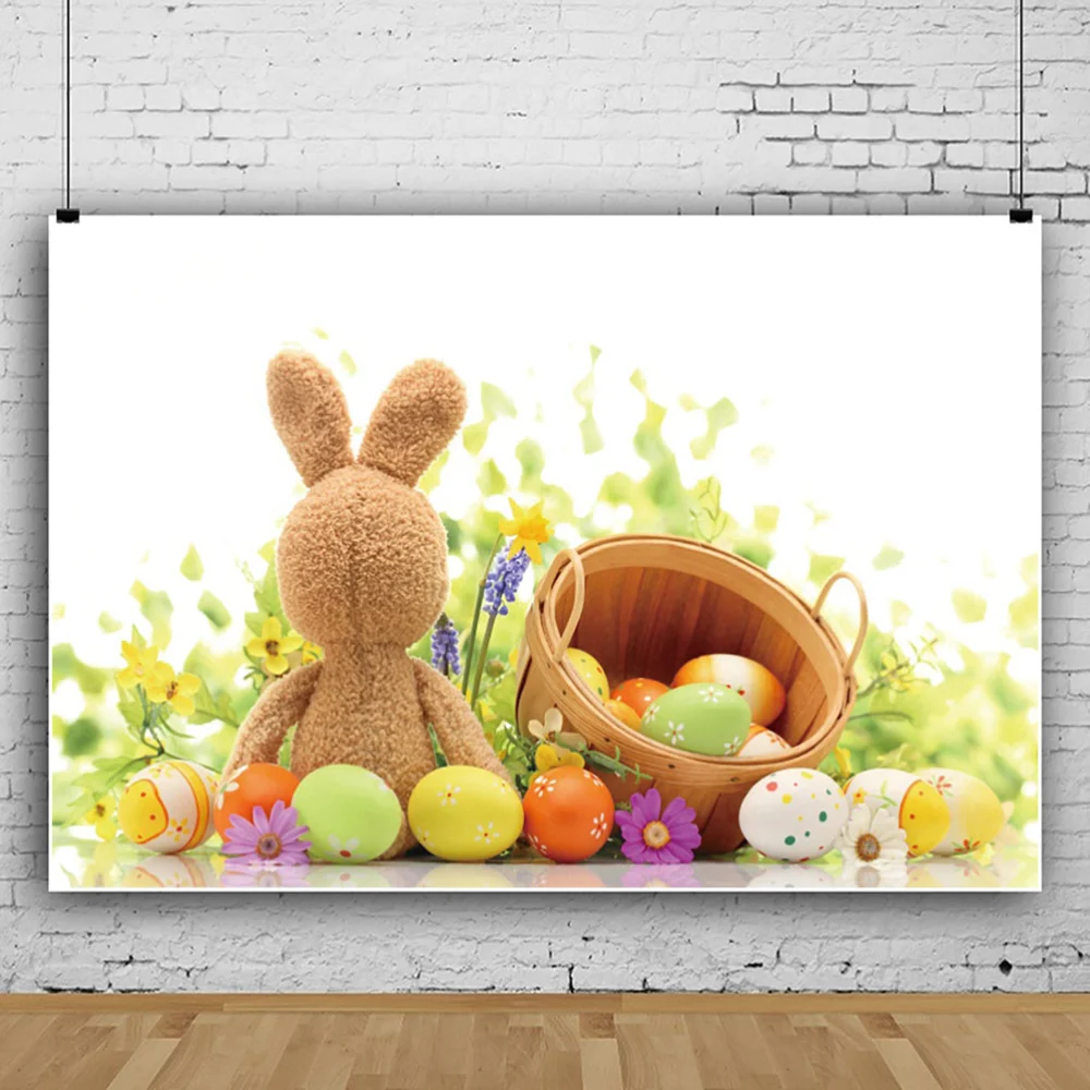 Cartoon Easter Egg Rabbit Background Bamboo Basket Photo Backdrop Photographic Background Cloth Studio Props(1.2x1.5M)