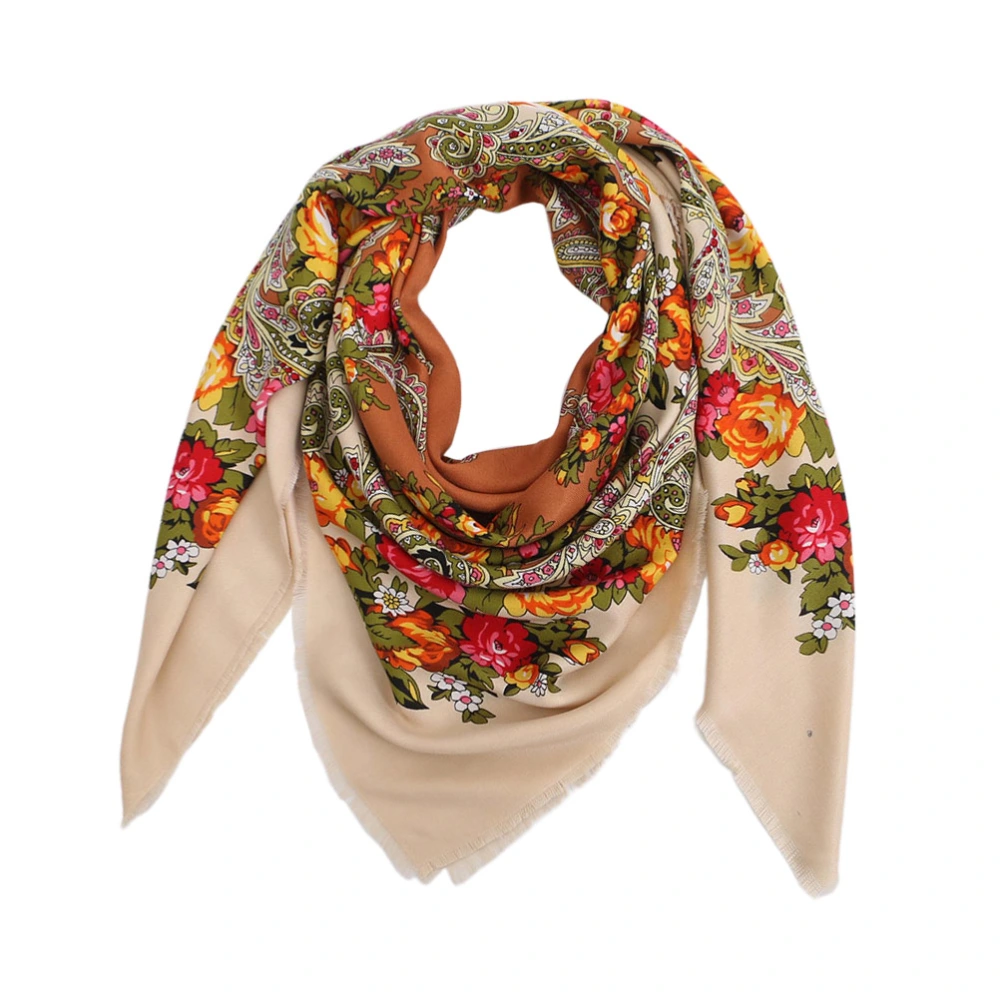 Beige Floral Printed Scarf Russian Style Lady Shawl Fashion Cotton Gift Dress up Costume Accessary Decor