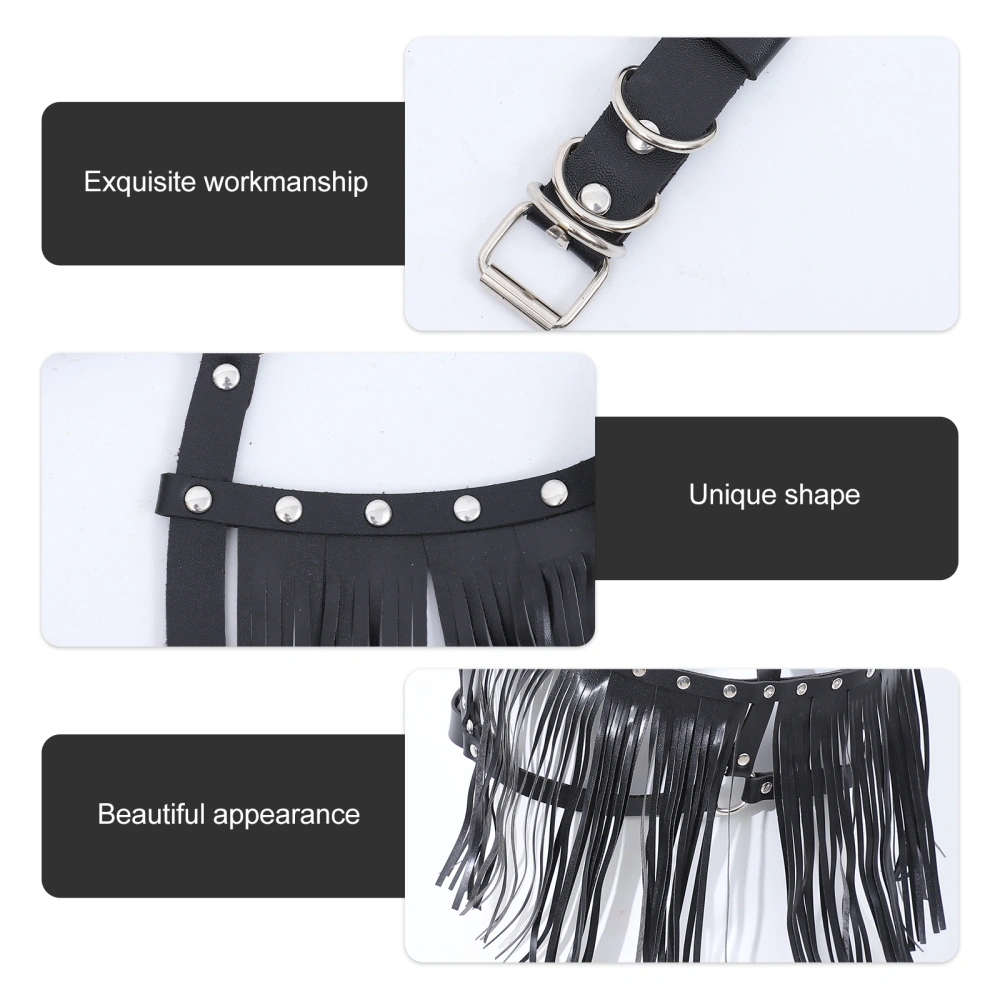 Women Leather Harness Bra Leather Body Chest Harness Belt Tassels (Black)