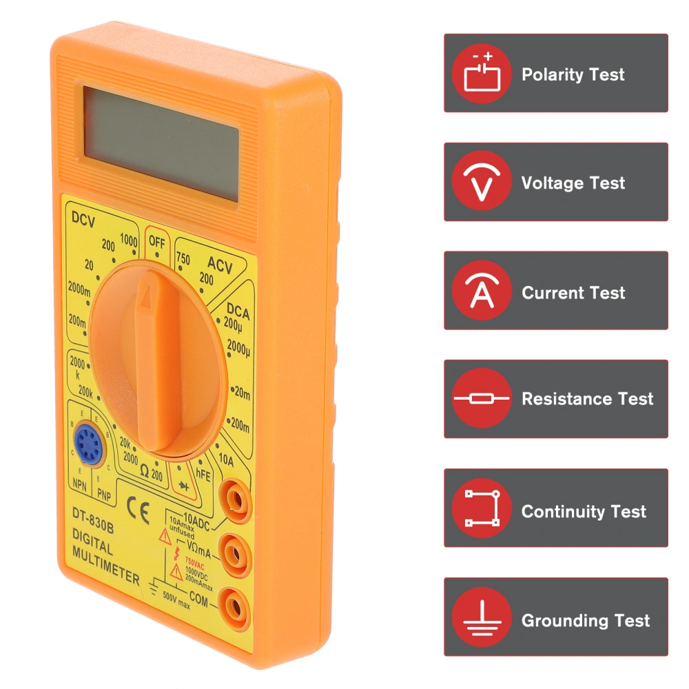 DT830B Digital LCD Multimeter Voltage Tester Voltmeter Ammeter Ohmmeter with Detachable Test Leads (Yellow)