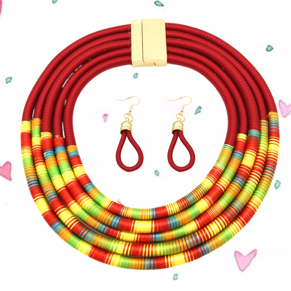 1 Set of Multilayer Choker Necklace Earrings Set African Style Hand-woven Necklace Delicate Unique Magnetic Buckle Earrings Necklace Kit for Women Ladies (Red)