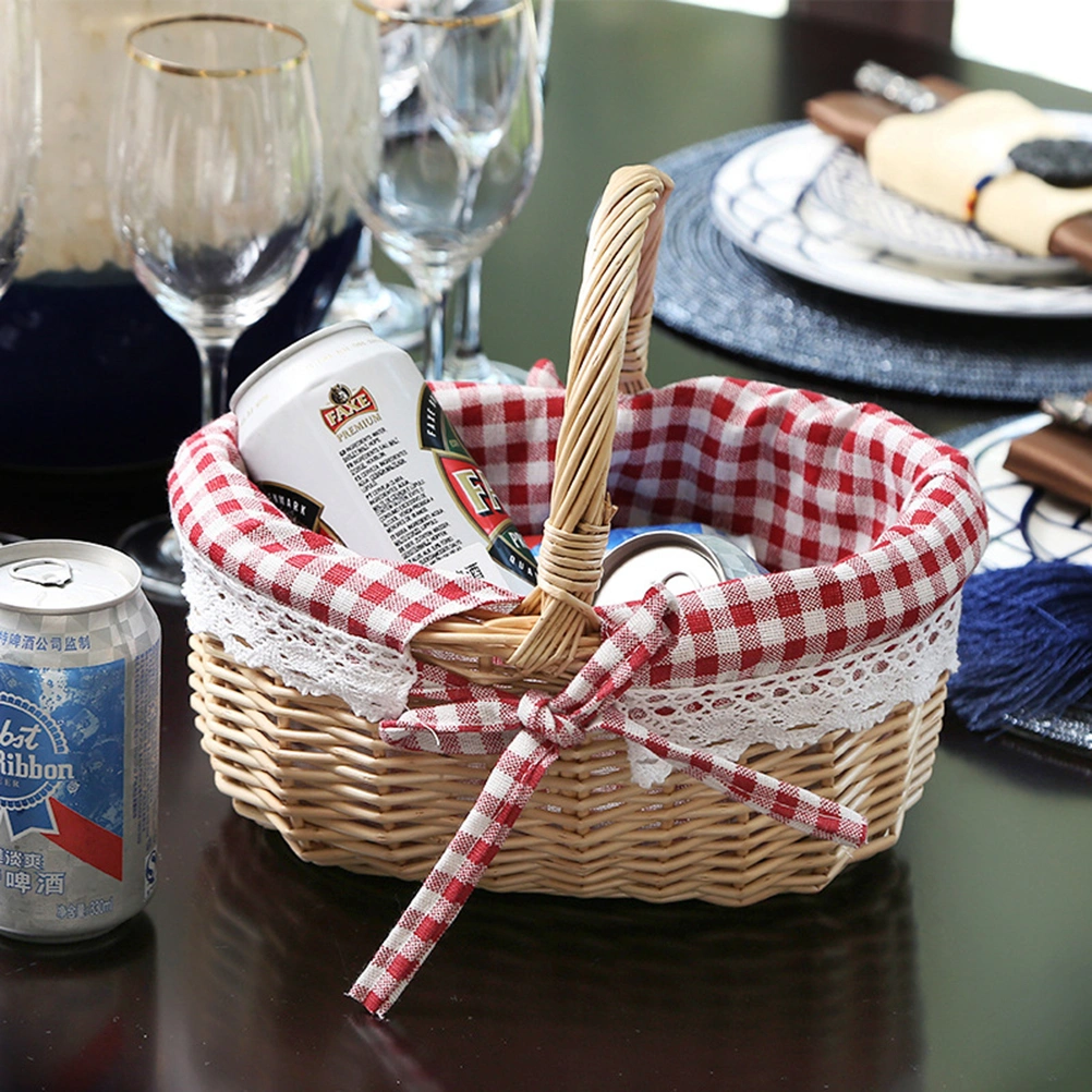 Hand Woven Picnic Bag Gift Basket Wicker Storage Basket Linen Inner Basket for Storage Use Size S (Primary Color Red Plaid Fabric)