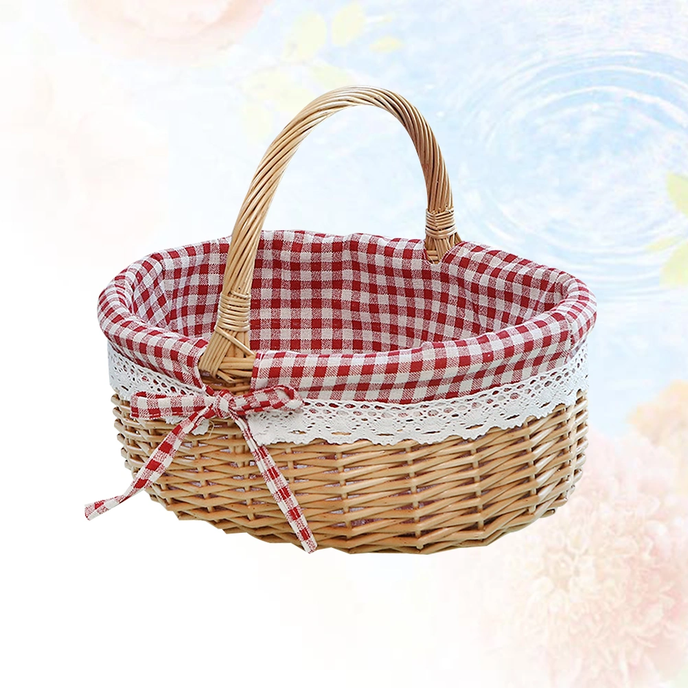 Hand Woven Picnic Bag Gift Basket Wicker Storage Basket Linen Inner Basket for Storage Use Size S (Primary Color Red Plaid Fabric)