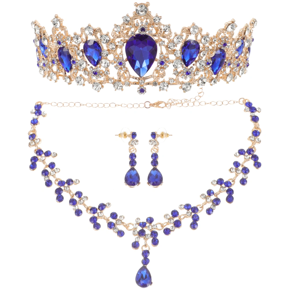 1 Set Pretty Bride Crown Necklace Earring Set Stylish Jewelry Wedding Dress Accessories Costume Accessory for Women Female (Blue)