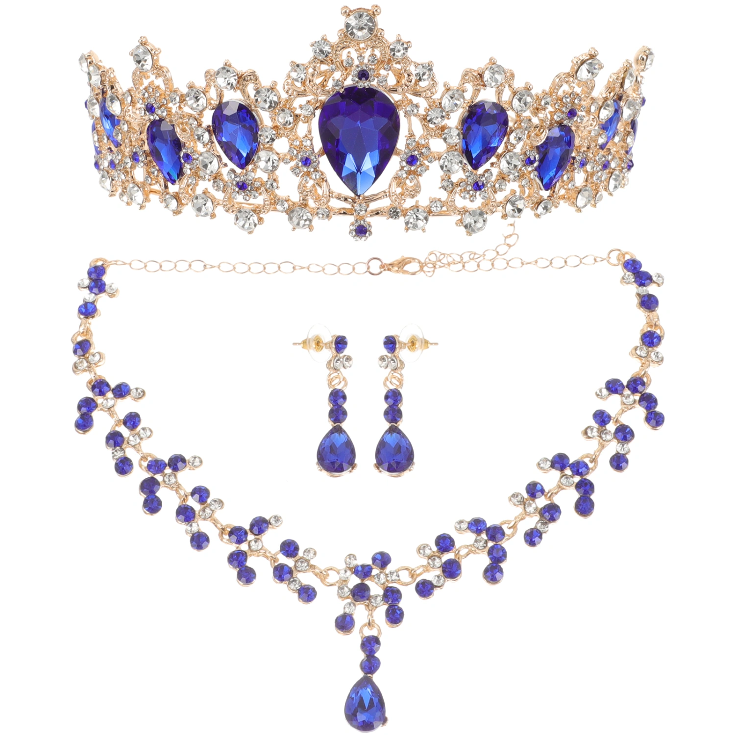 1 Set Pretty Bride Crown Necklace Earring Set Stylish Jewelry Wedding Dress Accessories Costume Accessory for Women Female (Blue)