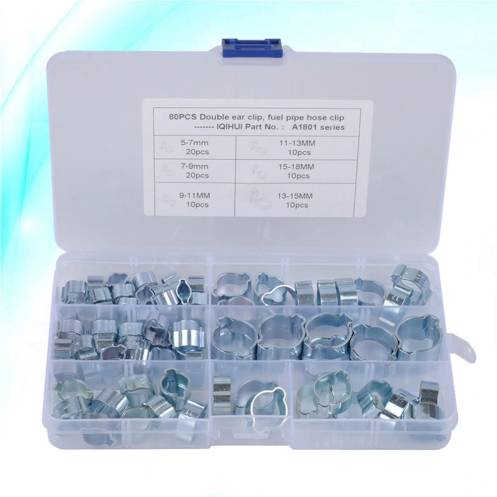 80PCS Zinc Plated Double Ear Hose Clamps 6 Types Fuel Water Air Pipe Clips