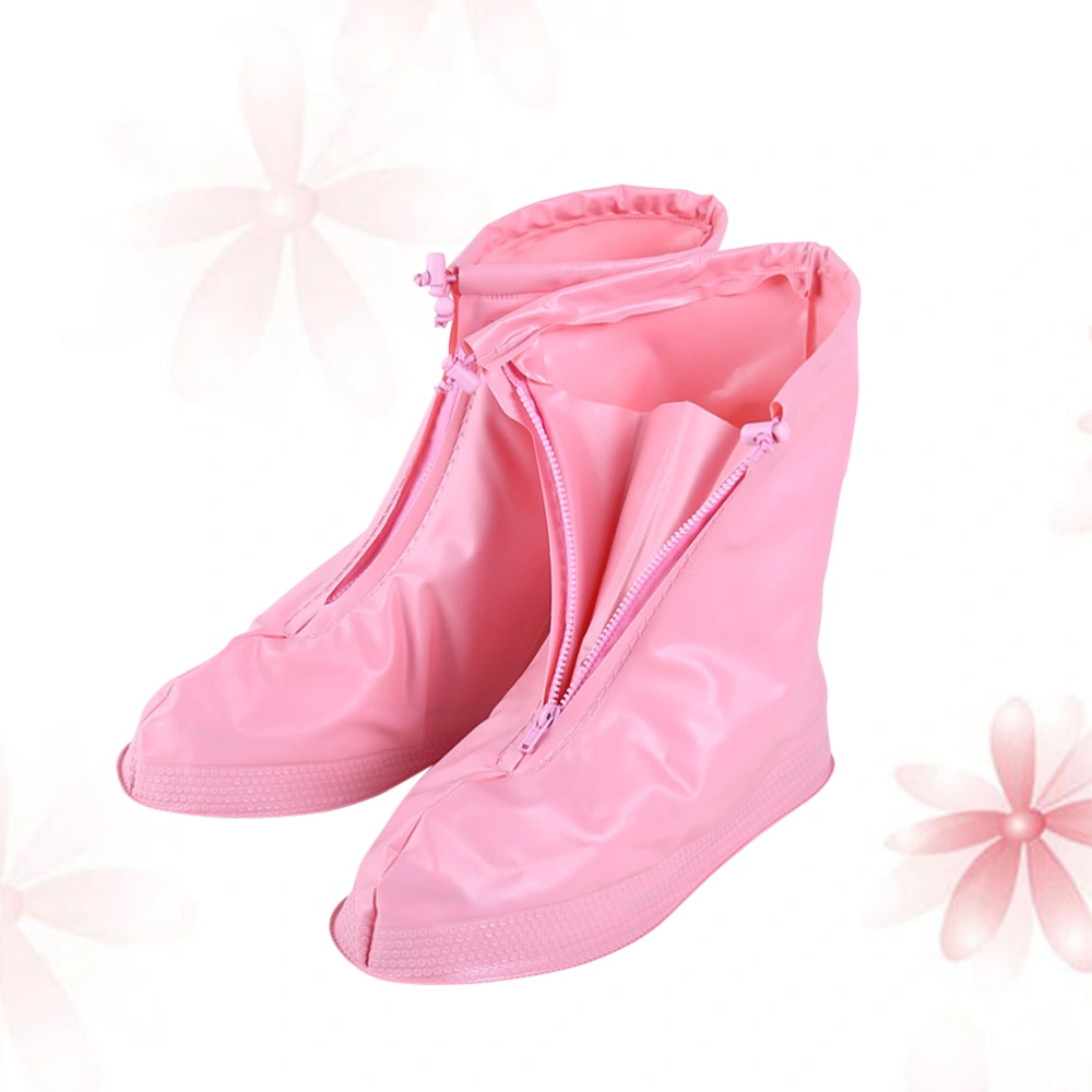 Reusable Wear Resistant Zippered Non-slip PVC Rainproof Shoe Covers for Children (Pink, Size XL)