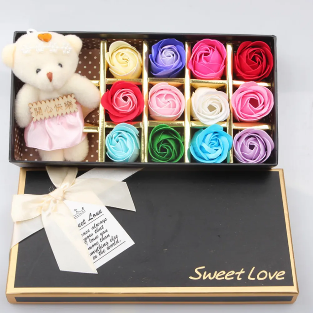 12 Scented Rose Flower Bath Soap Gift Box with Bear for Birthday / Wedding / Valentine's Day (Multicolor)