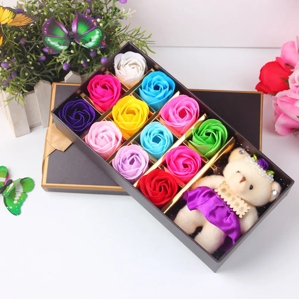 12 Scented Rose Flower Bath Soap Gift Box with Bear for Birthday / Wedding / Valentine's Day (Multicolor)