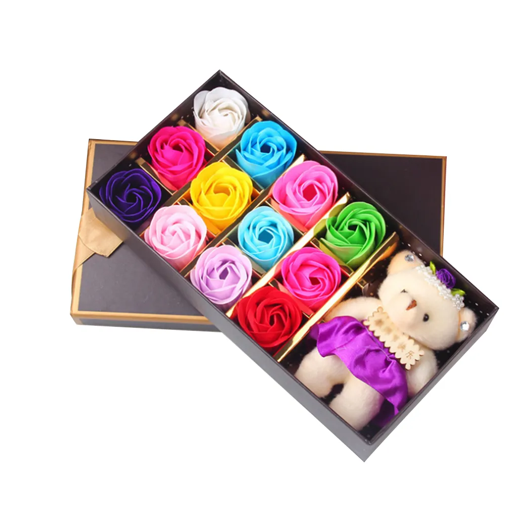 12 Scented Rose Flower Bath Soap Gift Box with Bear for Birthday / Wedding / Valentine's Day (Multicolor)