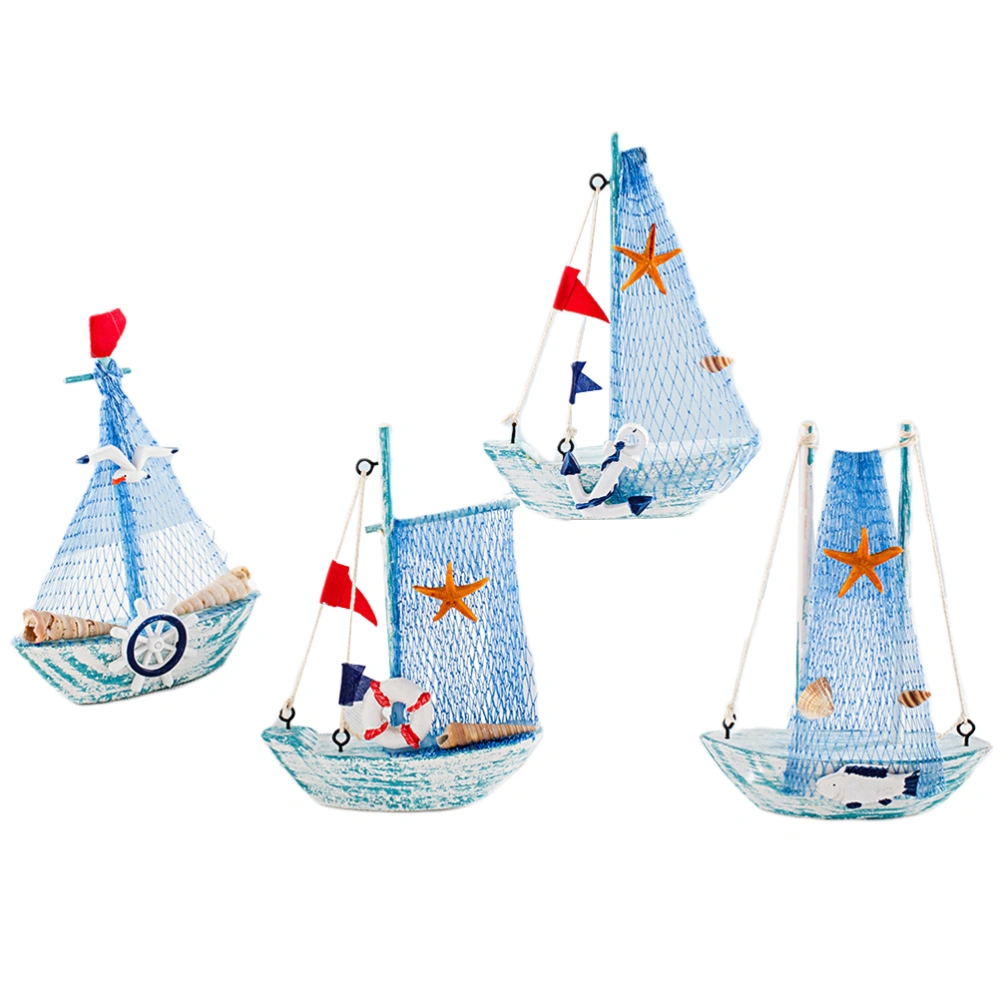 4pcs 15cm Wooden Canvas Sailboat Model Ornament Mediterranean Fishing Boat Style Wooden Craft for Home Table Decoration (Random Style)