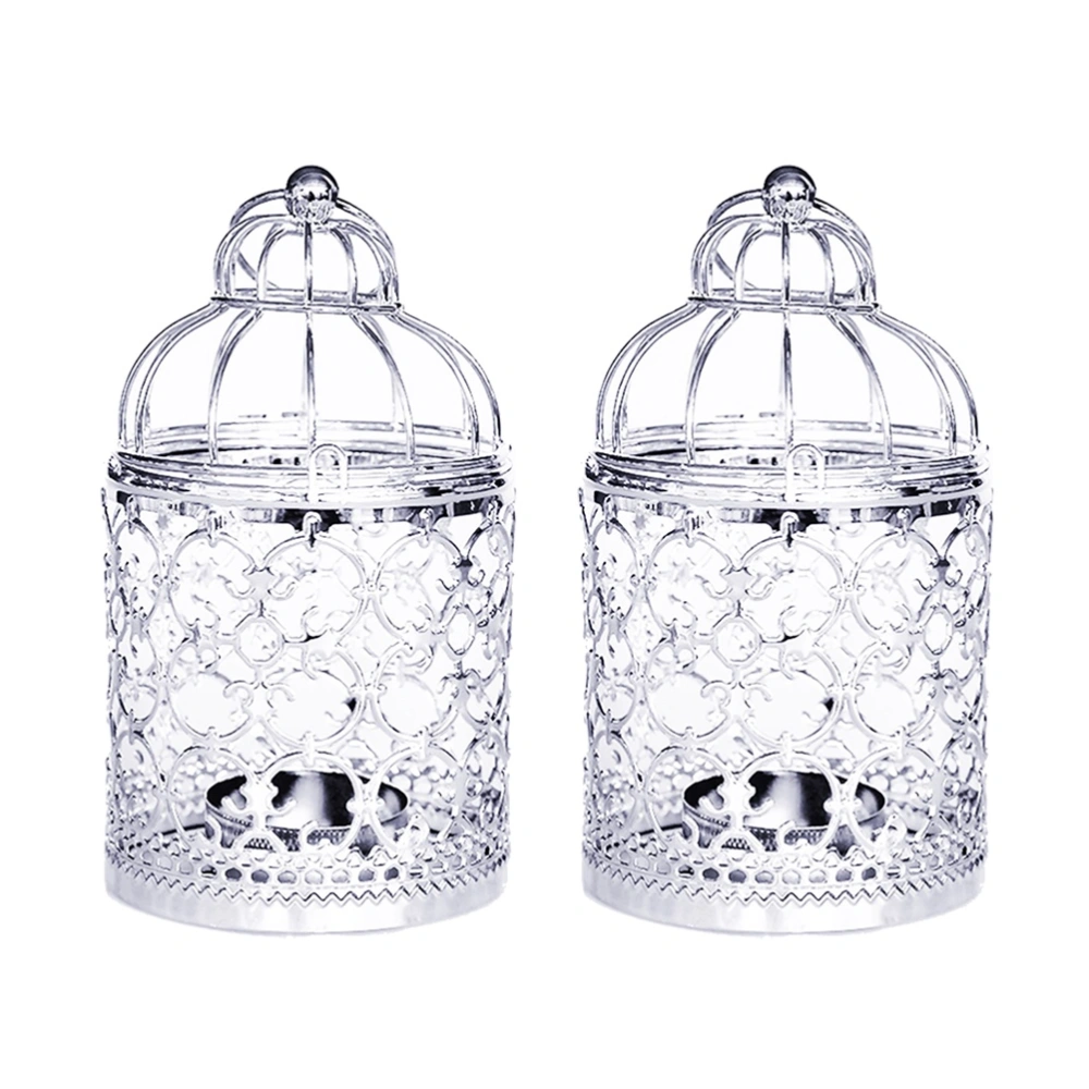 2pcs Wrought Iron Bird Cage Shaped Candle Holder Candlestick Wedding Decoration Iron Lantern for Party Home Decoration(Pattern A Silver)