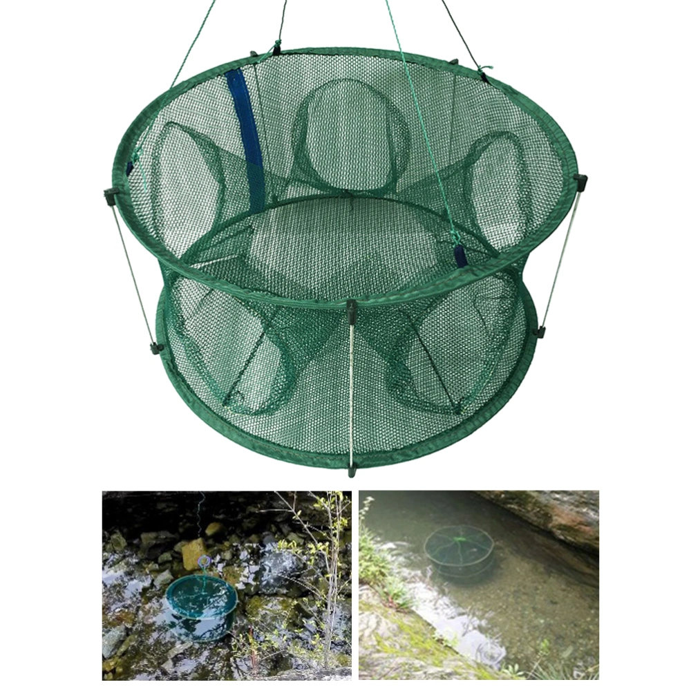 Automatic Foldable Mesh Net Portable Fishing Landing Net Shrimp Cage Fishing Tool(Green Light Struts 5 Holes 50CM)