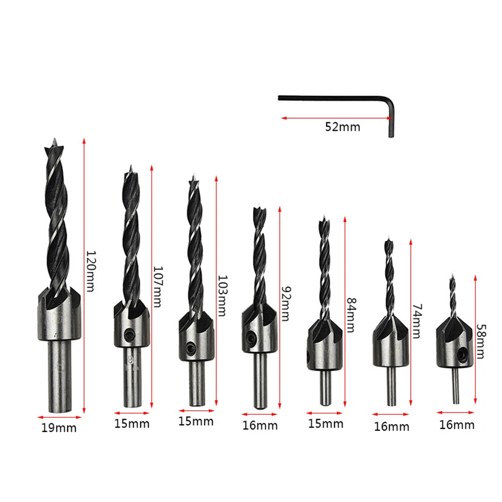 7pcs High-speed Steel Three-point Countersink Chamfer Tool Deburring Tool Set with Wrench for Drilling