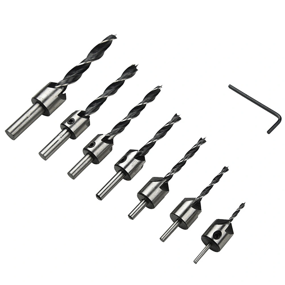7pcs High-speed Steel Three-point Countersink Chamfer Tool Deburring Tool Set with Wrench for Drilling