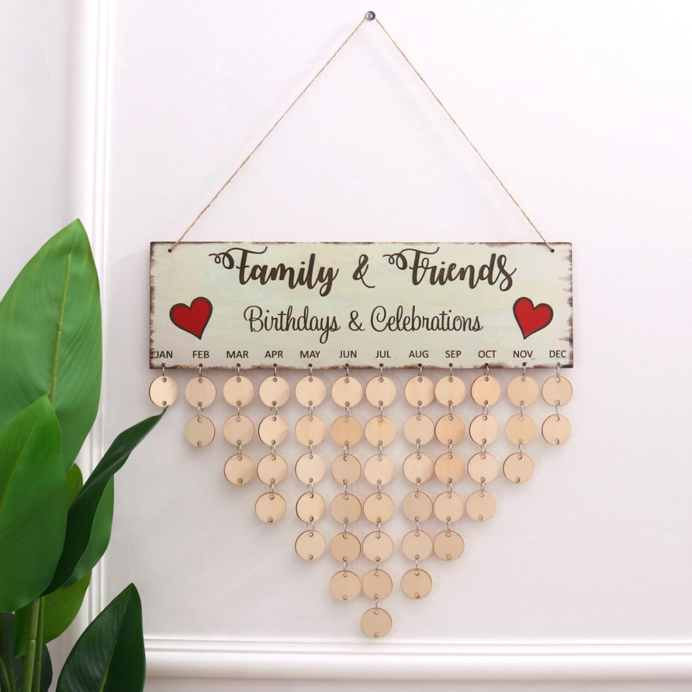 WINOMO Family Friends Birthdays Celebrations Wooden DIY Calendar Hanging Plaque Birthday Reminder Anniversary Birthday Board Hanging Decor (1 Plaque, 1 Rope and 50 Round Discs)